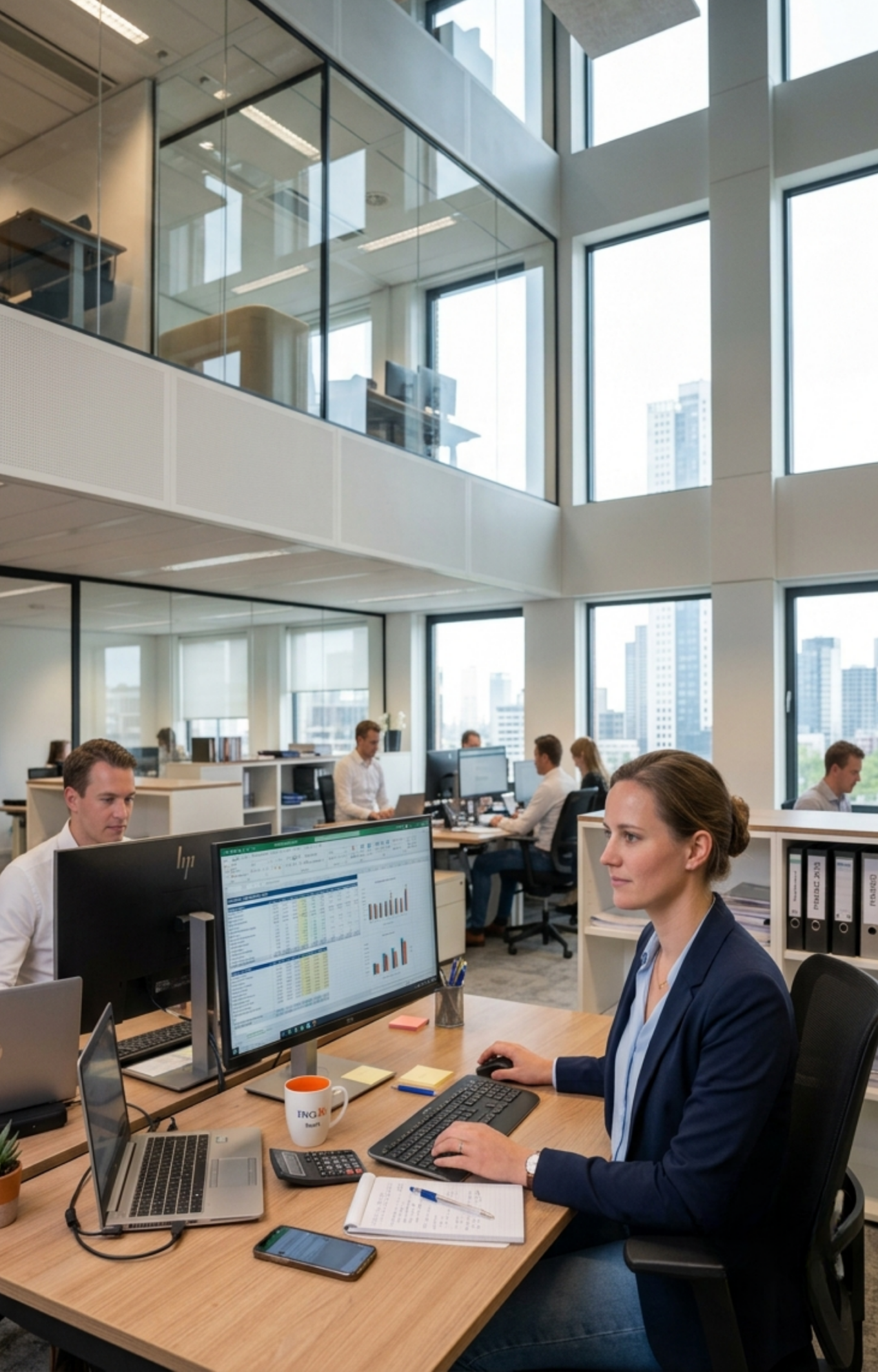 Financieel medewerker aan een bureau achter haar computer bezig met haar werkzaamheden