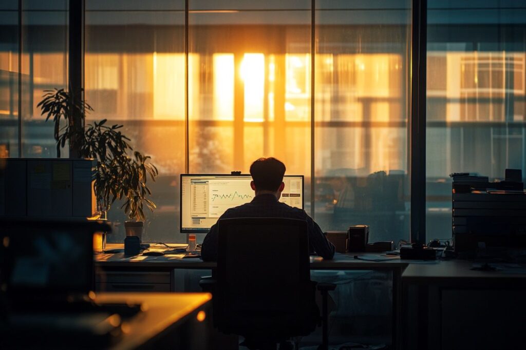 Een man is op kantoor aan het werk.