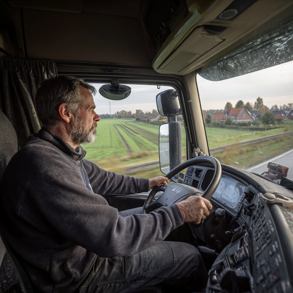 Een vrachtwagenchauffeur is aan het werk.