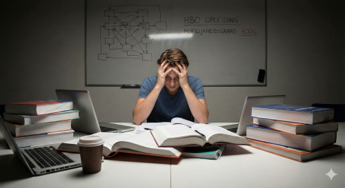 Een jongen doet een moeilijke hbo opleiding.