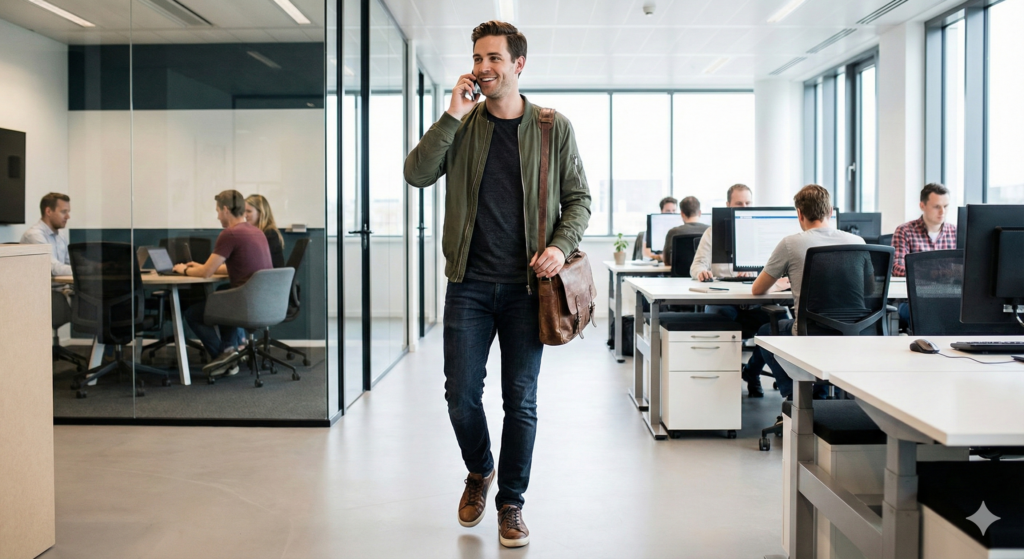 Man loopt door een kantoor heen.