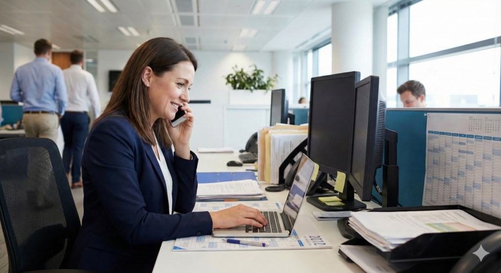 Een vrouw werkt als scretaresse