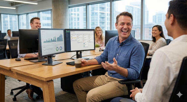 Man is vrolijk aan het werk