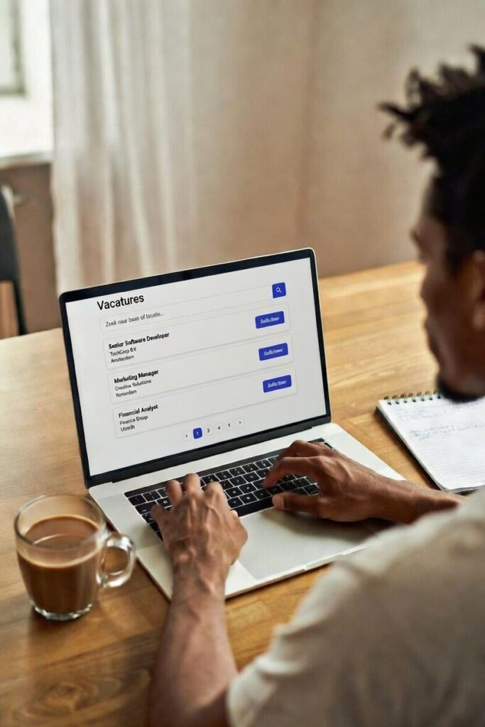 Een persoon die vacatures op zijn laptop bekijkt