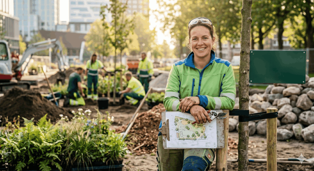 Smiling construction worker in a high-visibility jacket holds a plant layout clipboard in a city park where colleagues plant trees in the background.