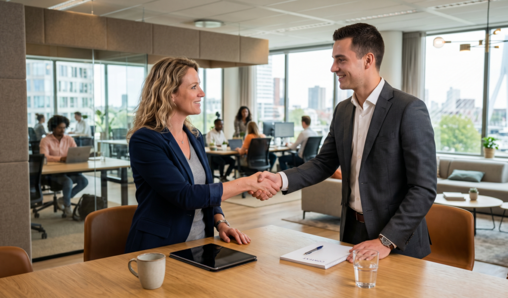 Two professionally dressed coworkers shake hands across a wooden table in a bright open-plan office, with teammates in the background.