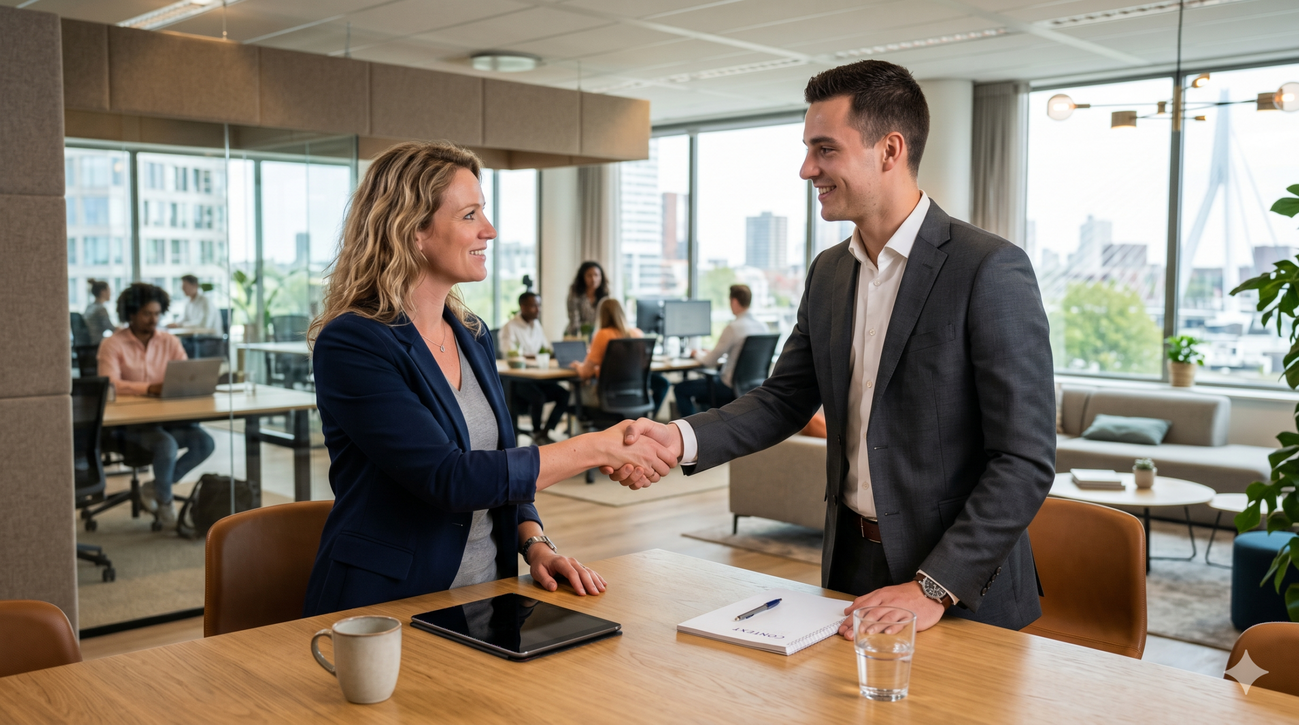 Two professionally dressed coworkers shake hands across a wooden table in a bright open-plan office, with teammates in the background.