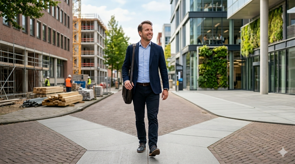 Professional man in a navy blazer and light blue shirt walking along a modern urban street with construction on one side and glass-fronted buildings on the other, carrying a shoulder bag.
