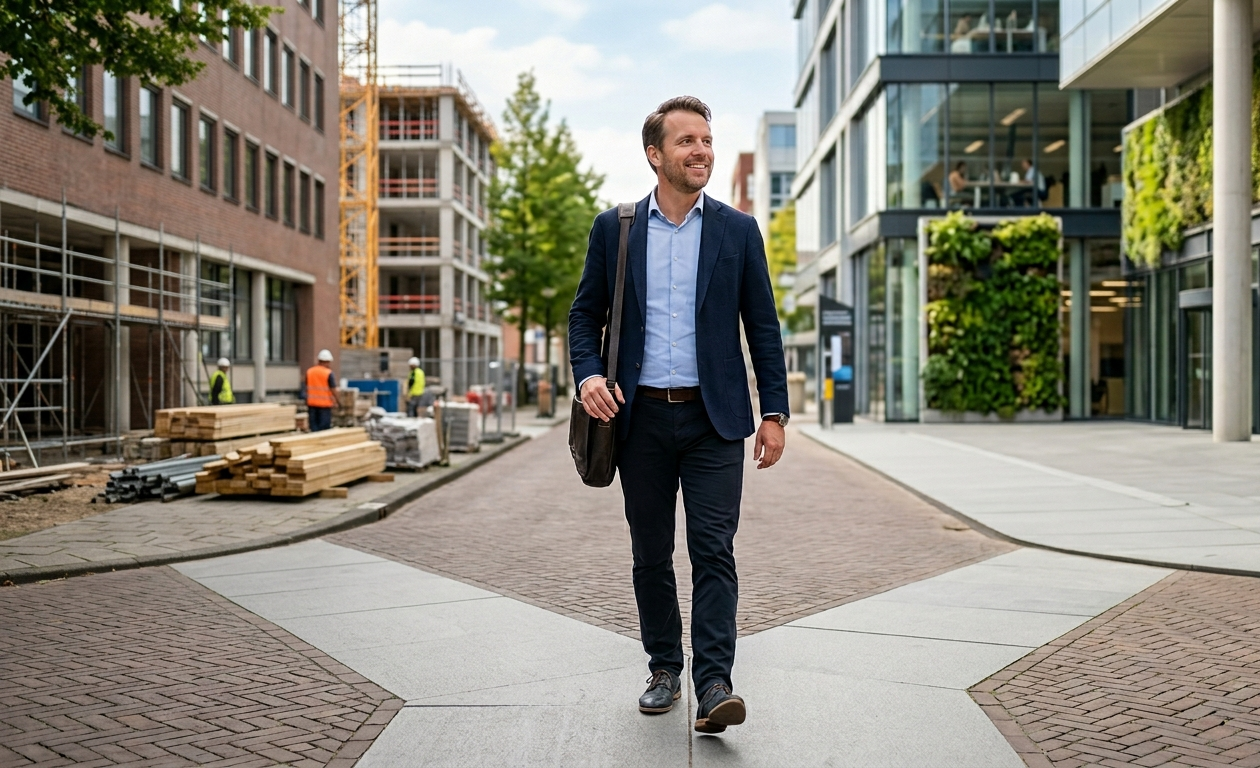 Professional man in a navy blazer and light blue shirt walking along a modern urban street with construction on one side and glass-fronted buildings on the other, carrying a shoulder bag.