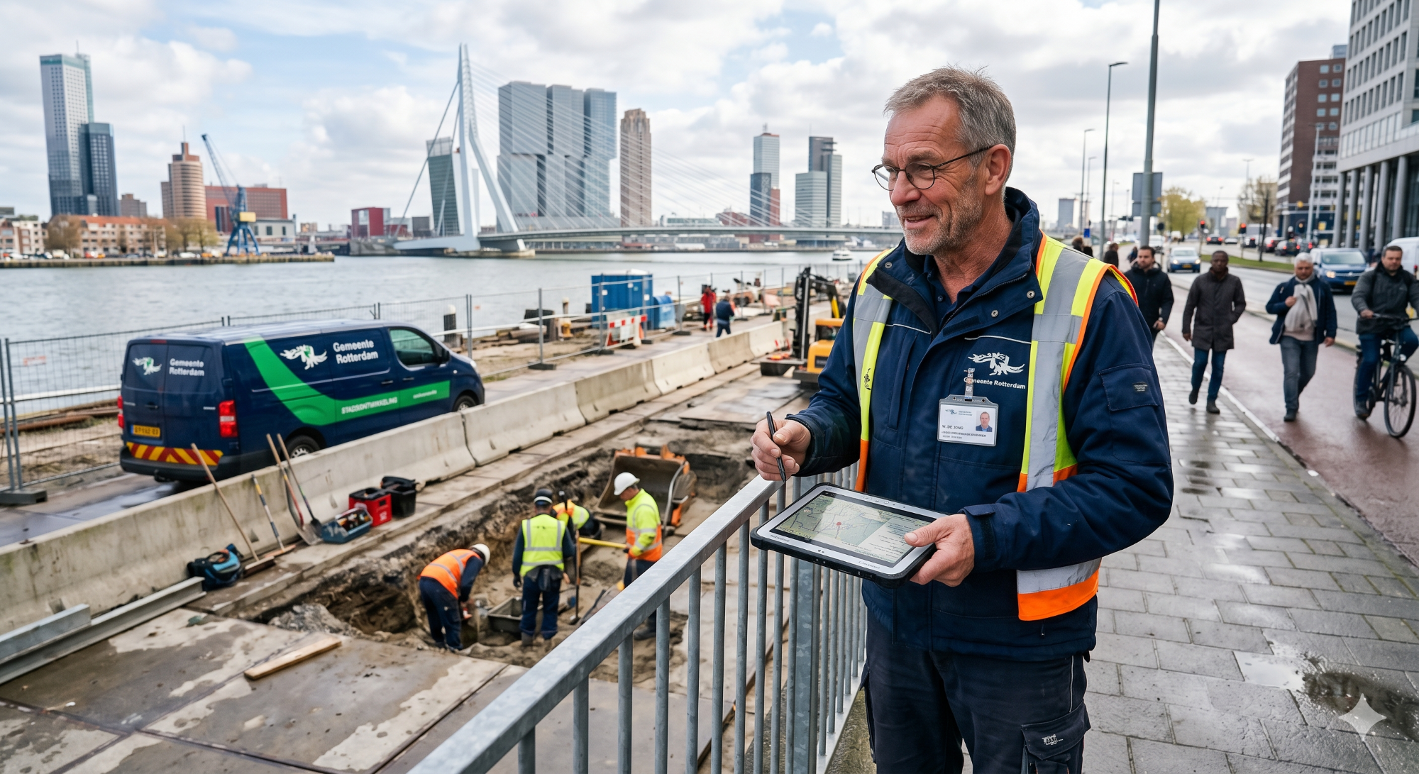 Construction supervisor in a high-visibility vest holds a tablet at a harbor construction site by the river.