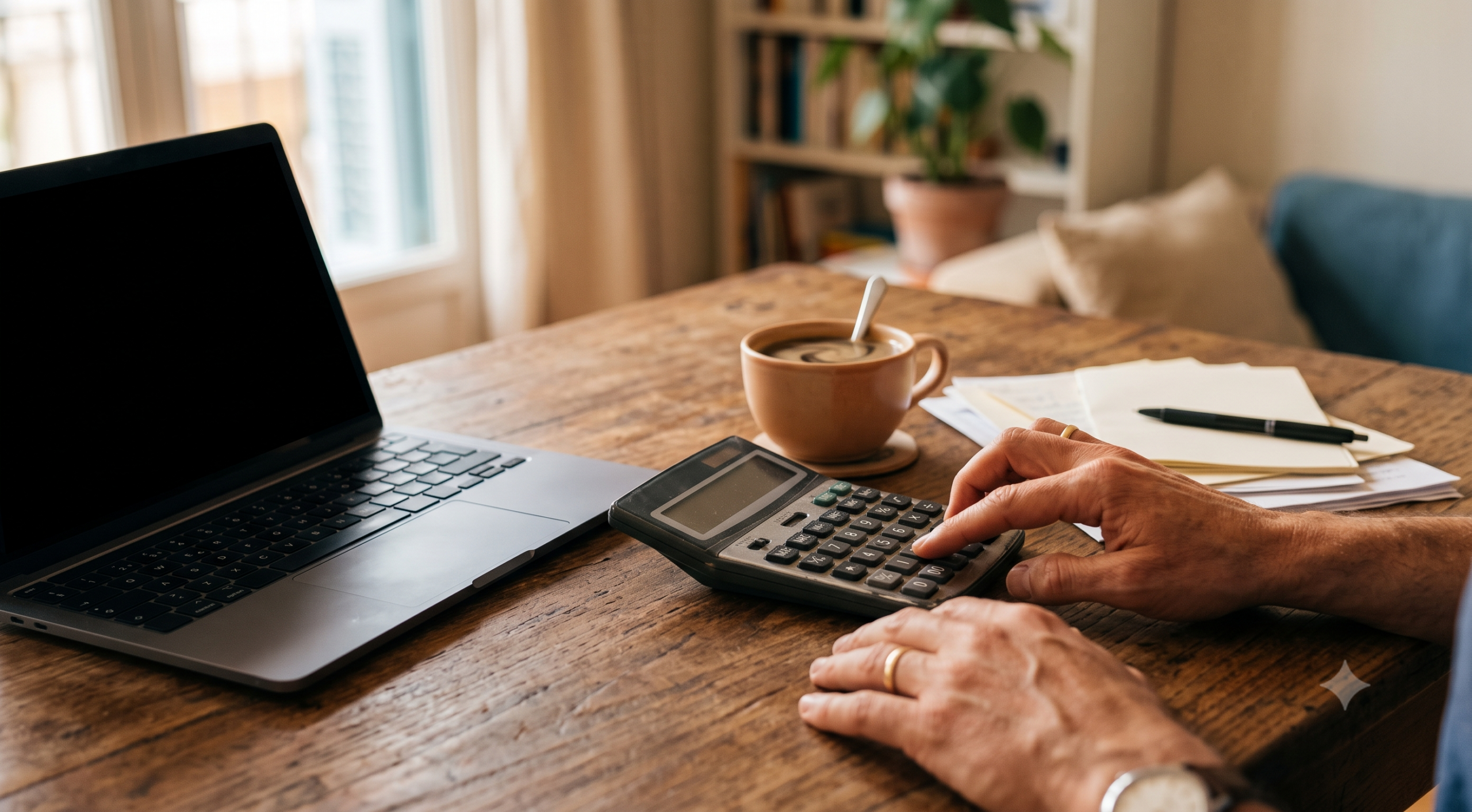 Person's hands use a calculator on a wooden desk beside a laptop and a mug of coffee.