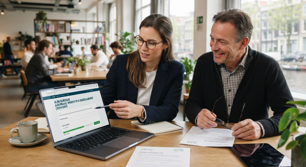 Two professionals review a laptop screen and discuss documents at a wooden table in a bright coworking space.