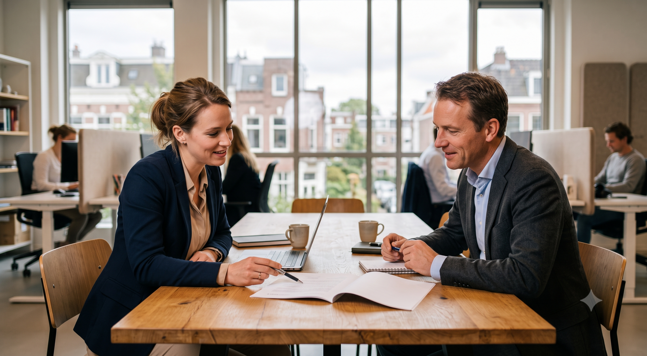 Two colleagues in business attire sit at a wooden table, reviewing documents with a laptop in a bright open-office space.