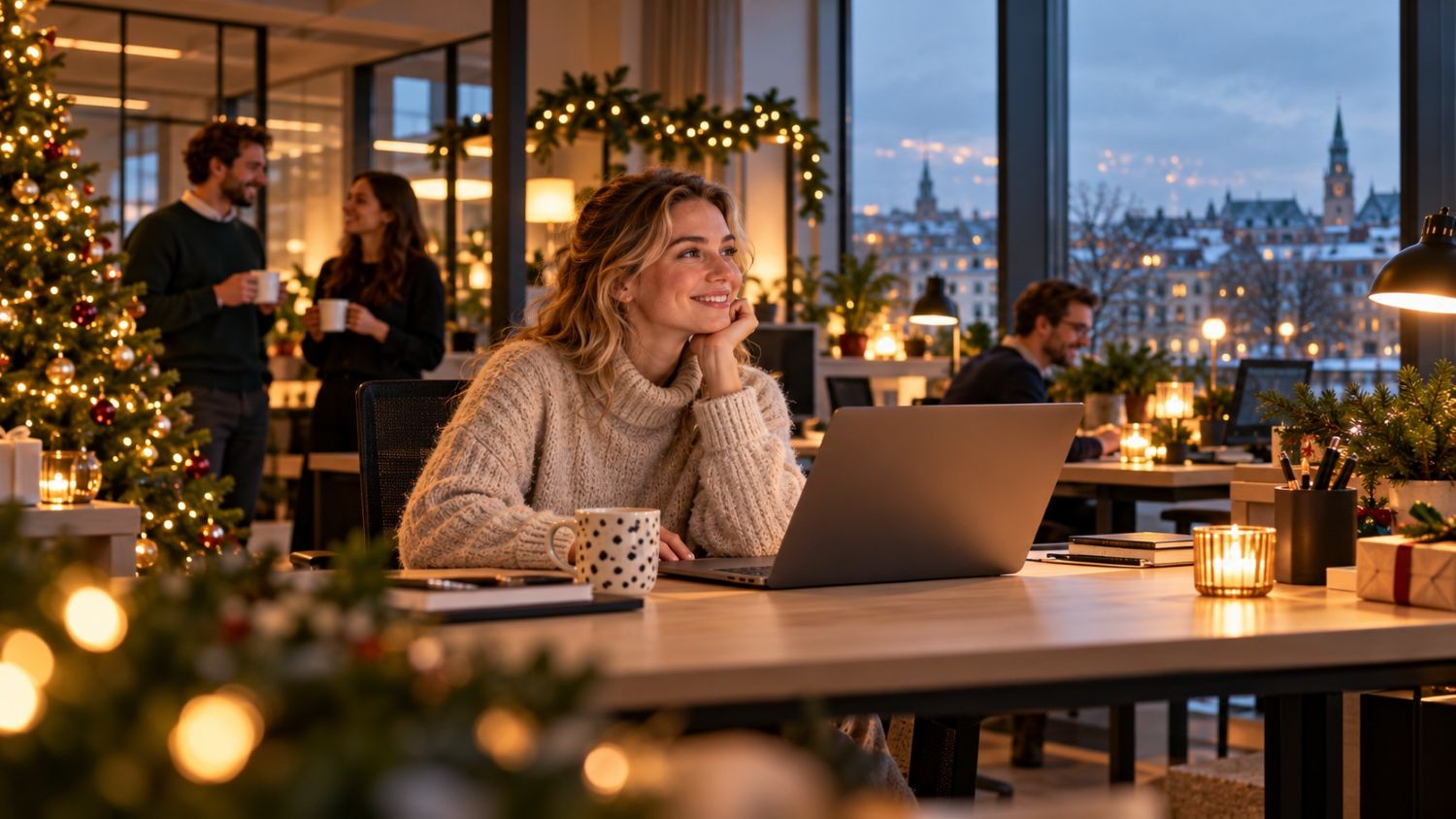 Cozy office scene with a woman in a cream sweater working on a laptop at a festive holiday desk, Christmas tree and warm lights in the background.